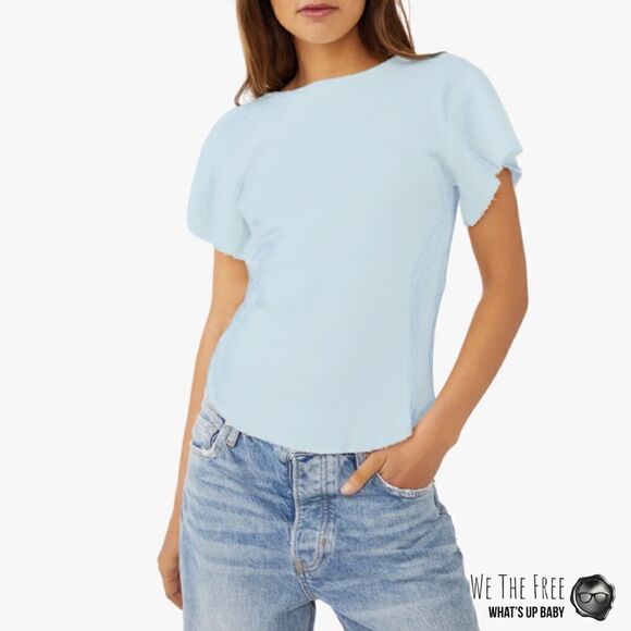 FREE PEOPLE / WE THE FREE WHAT’S UP BABY WAFFLE KNIT TEE IN NEON SKY BLUE XS - Picture 2 of 11